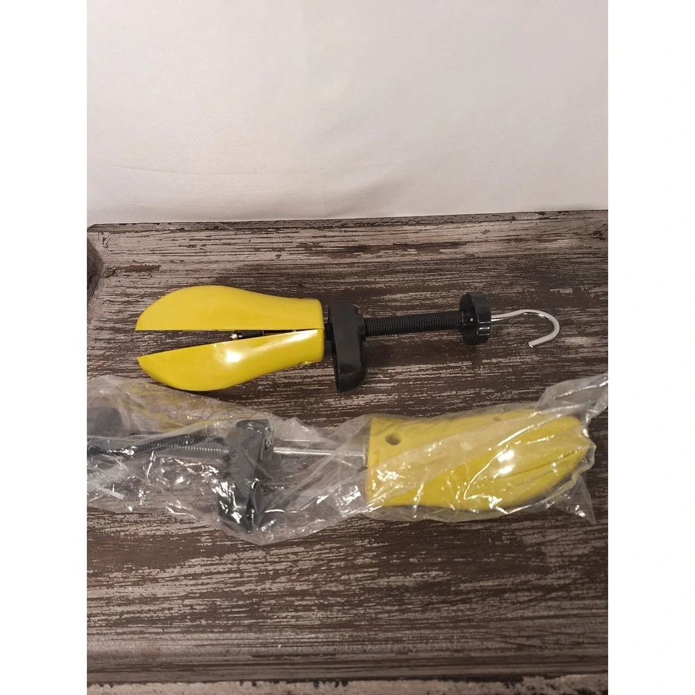 Pair of Adjustable Yellow Plastic Shoe Trees with Hanging Hook and Screw Tension